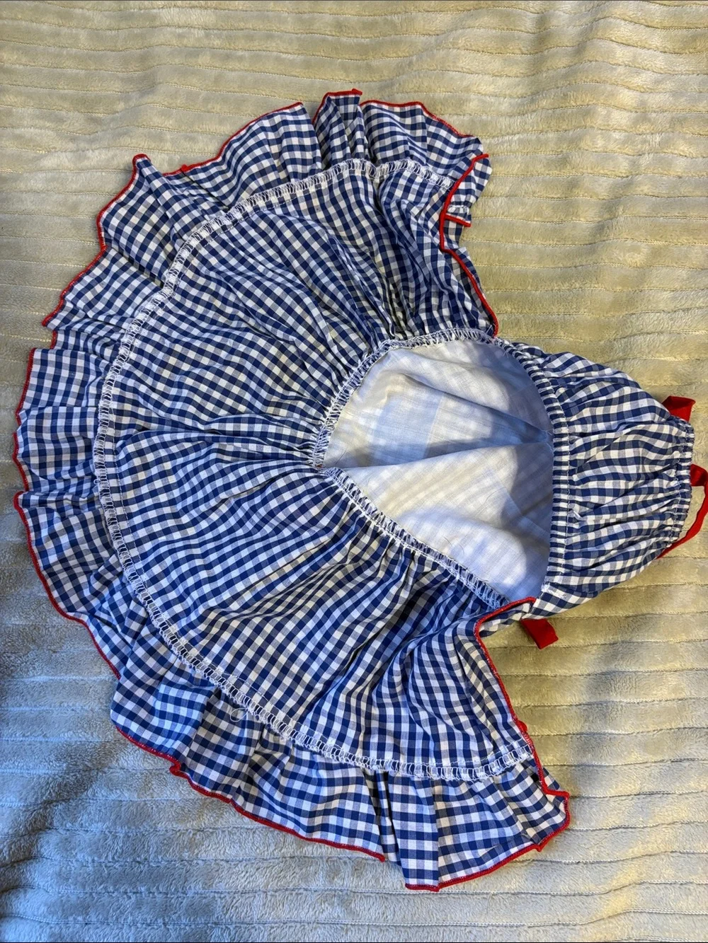 Blue Gingham Dog Dress with Red Trim and Bow